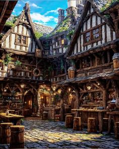 an artistic rendering of a medieval village with lots of wood and stone buildings on the sides