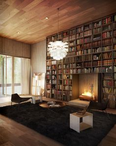 a living room filled with furniture and a fire place next to a large book shelf