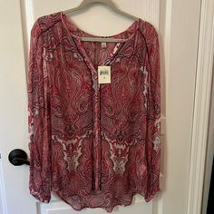 Sheer Paisley Print Tunic. Small But Runs On The Large Side, Longer In The Back Summer Red Blouse With Paisley Print, Red Long Sleeve Blouse With Paisley Print, Red V-neck Blouse With Paisley Print, Print Tunic, Tunic Blouse, Paisley Print, Lucky Brand, Paisley, Top Blouse