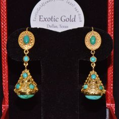 Gorgeous Italian Etruscan Revival 18k Solid Gold Dangle Drop Earrings. These Fob Pendant Earrings Feature A Stunning Textured, Beaded, Twisted Wire And Filigree Work Throughout Accented With Large Cabochon Turquoise Gems. The Design Is Very Fine, With Both Textured And High Shine Gold Finish Throughout. These Earrings Are Set With 18 Genuine Natural Turquoise Gems With A Gorgeous Sky Blue / Greenish Blue Color. Very Unique Gold And Blue Color Combination. These Earrings Are Made Of Solid 18k Yel Blue Color Combinations, Turquoise Drop Earrings, Turquoise Earrings Dangle, Gilded Age, Twisted Wire, Matching Bracelet, Fine Jewels, Stunning Earrings, Matching Bracelets