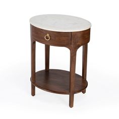 a wooden table with a marble top and two drawers on one side, against a white background