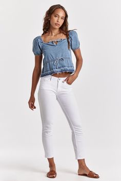 Cinched chambray top with self-ties in cropped length, elastic square neck, cuff & armfole with front placket with tonal step hem. Solid color woven on standard fit. Alluring blend of captivating tonal wash & cropped length for the perfect casual chic harmony.Body length from HPS: 22", Sleeve length: 10", Bust: 39" (Size Small) 100% COTTON Machine wash cold (inside out), Tumble dry low Imported Casual Fitted Top With Tie Sleeves, Fitted Casual Tops With Tie Sleeves, Spring Cropped Blouse With Tie Sleeves, Cropped Spring Blouse With Tie Sleeves, Cropped Blouse With Tie Sleeves For Spring, Casual Denim Crop Top, Denim Cotton Crop Top, Cropped Blouse With Tie Sleeves, Casual Cotton Denim Crop Top