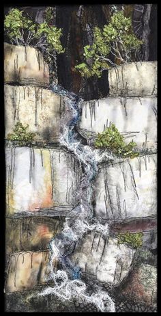 a painting of rocks and water with trees in the background