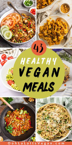 a collage of healthy vegan meals Low Calorie Vegan Recipes, Low Calorie Vegan Meals, Fat Free Vegan Recipes, Meal Plan Clean Eating, Plant Based Recipes For Beginners, Vegan On A Budget, Healthy Vegan Meals, Low Calorie Soup Recipe, Cholesterol Meals