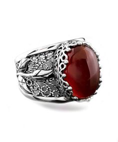 Sterling Silver Filigree Art Carnelian Gemstone Tulip Detailed Women Cocktail Ring Formal Sterling Silver Ruby Ring With Filigree, Elegant Red Gemstone Filigree Ring, Victorian Sterling Silver Filigree Ring With Gemstone, Red Victorian Filigree Ring With Gemstone, Vintage Silver Carnelian Rings, The Ring Face, Sterling Silver Filigree, Silver Filigree, Cocktail Rings