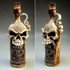 two pictures of a bottle with a skull on it