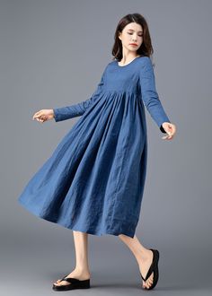 ★★ FEATURES Linen cotton blend Medium weight linen No lining Two side seam pockets Scoop neckline Long sleeve High waist Plus size dress Perfect for summer, spring, autumn Dry clean ★★ For the style, you can check more colors from below listing https://etsy.me/3HtdqQp ★★ Model Info Bust: 84 cm Waist: 65 cm Hips: 91 cm Height 170cm she wear the size XS ★★ Please select custom order according to the follow situation Can't find your size in Size Chart Change the length Change the sleeve length Your Modest Maternity Dress For Spring, Modest Maternity Maxi Dress For Spring, Modest A-line Long Sleeve Dress For Spring, Spring Pleated Long Sleeve Dress, Spring Mid-length Long Sleeve Dress, Casual Blue Empire Waist Dress, Modest Pleated Spring Dress, Spring Empire Waist Maternity Dress, Modest Pleated Dresses For Spring