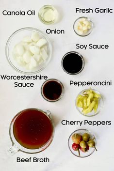 the ingredients to make an apple cider recipe on a white tablecloth with text overlay