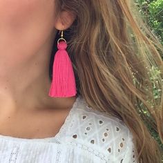 These handmade tassel earrings will make a big style impact, whether you’re wearing them with jeans and a t-shirt or with a dress. At less than one-tenth of an ounce, Libby & Smee statement earrings feel virtually weightless!+ super lightweight cotton tassel in peony pink+ gold-plated OR silver-plated stainless steel ear wire hooks (lead-free and nickel-free)+ comes with plastic earring back for security+ LONG is 3.25 inches and MINI is 2.5 inches from the top of the ear wire    (each piece Summer Tassel Dangle Earrings, Summer Tassel Dangle Earrings With Latkans, Summer Latkans Tassel Dangle Earrings, Summer Latkan Tassel Dangle Earrings, Adjustable Beaded Tassel Earrings, Adjustable Tassel Earrings With Latkans, Pink Tassel Earrings With Latkans, Trendy Tassel Drop Earrings, Summer Gift Tassel Earrings