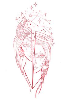 a drawing of a woman's face with horns and stars above her head, on a white background