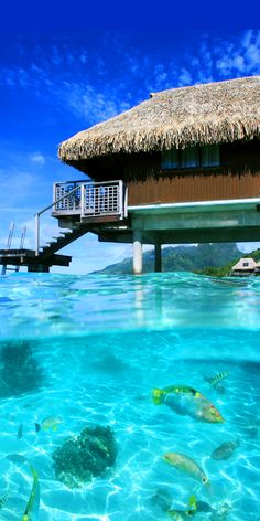 an over head view of the ocean with a house on stilts in the water