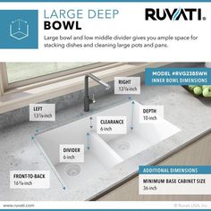 the large bowl sink is labeled with instructions for how to install it and how to use it