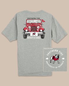 The back view of the Georgia Bulldogs Heather Front Plate T-Shirt by Southern Tide - Heather Grey Father Son Outfits, Georgia Bulldogs Shirt, Usc Gamecocks, Womens Matching Sets, Front Plate, Boys Swim Trunks, Boys Swim, Georgia Bulldogs, Plate Design