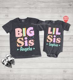 "Personalized Baby Shirts, sisters, Brothers, Twins custom shirts, Baby Onesies, Matching Family Birthday Shirts Funny Shirts Visit Our Shop HOW TO ORDER CUSTOM T-SHIRT 1-) Please, Check and Review all Photos. 2-) Select Your T-shirt Color. 3-) Select Your T-shirt Size. 4-) Choose Your Quantity as much as you want. 5-)Personalization Required: A) Please Enter Your Design: Big Sis or Lil Sis B) Please Enter Custom Name Example 1: Big Sis, Angela Example 2: Lil Sis, Sophia *Each Shirt Sold Separat Siblings Shirts, Siblings Outfits, Matching Sister Outfits, Matching Sibling Shirts, Matching Sisters, Family Birthday Shirts, Sibling Outfits, Sibling Shirts, Sister Outfits