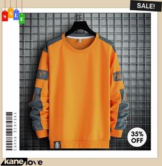 Men's Fashion Round Neck Long Sleeve Print Color Matching Sweatshirt Yellow Long Sleeve Sweater With Letter Print, Yellow Letter Print Long Sleeve Sweater, Orange Crew Neck Top For Winter, Orange Relaxed Fit Long Sleeve Sweatshirt, Orange Long Sleeve Sweater For Streetwear, Orange Long Sleeve Cotton Sweater, Casual Orange Crew Neck Sweatshirt, Orange Long Sleeve Tops With Ribbed Cuffs, Winter Orange Streetwear Tops