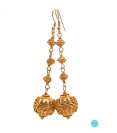 These dangle earrings feature 16mm 22 carat gold vermeil granulation beads, 6mm gold vermeil barrel beads, and gold vermeil hooks. Length is 2.25 inches. Weight is 14.75 grams. Check out our other Earrings: https://www.etsy.com/shop/KartiniStudio?section_id=16840717&ref=shopsection_leftnav_3 Festive Gold Earrings With Gold Beads, Gold Plated Earrings With Gold Beads As A Gift, Gold Dangle Earrings With Gold Beads, Gold Drop Earrings With Gold Beads, Gold Earrings With Beads For Celebration, Festive Drop Earrings With Gold Beads, Elegant Latkan Earrings With Round Beads, Elegant Latkans Earrings, Gold Beads Metal Drop Earrings