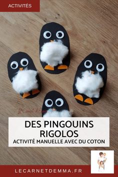 four penguins made out of paper on top of a wooden floor with the title des pinguins riglos