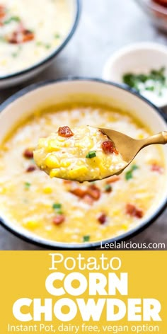 a spoon full of potato corn chowder with bacon and cheese in it, on top of