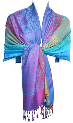 PRICES MAY VARY. Soft & silky, elegant and fashionable. Rave pashmina scarf 28" wide and 72" long withthout fringes 3.5 " fringe Playful, vibrant colors decorated with flower pattern or paisley pattern Dry Clean or Hand wash cold. Do not bleach. Hang or line dry Experience the soft luxurious feel of silk pashmina shawl.Colorful gradient colors and flower pattern all over. Get the look and feel of high end scarves at an affordable price. Perfect for any occasion. Fashion and beautiful scarf shawl.Allover pattern, Watercolor design, Fringed edges. Ideal as a wrap for a wedding or evening event and great as a warm scarf during cold weather. Perfect for chilly evenings or air-conditioned places (office, church, airplane, theater, restaurant, supermarket and cruise travel). Bright and cheerful Colorful Gradient, Pashmina Shawl, Star Stitch, Pashmina Scarf, Warm Scarf, Shawl Wrap, Paisley Pattern, Gradient Color, Flower Pattern