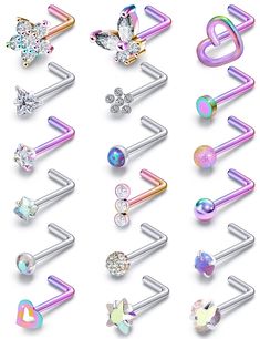 PRICES MAY VARY. ❥Nose rings l shaped 2.5mm Nose Rings Studs: 18Pcs, 20g nose studs. ❥Nose Piercings size: Bar Thickness：0.8mm(20g) ，Nose Rings Wearable length: 6-7mm, Top Size:2.5mm-6mm. ❥Hypoallergic Materials: Made with Surgical grade 316L stainless steel (Comfort and safety to wear, Smooth is Non toxic and Non Allergic) Does not fade and can be worn for a long time. ❥Used：Nose Rings,Nose studs,Nose piercing jewelry For Women men! These Nose Rings can Make You more Fashionable and Bring Fun t Heart Nose Ring, Heart Nose Rings, Piercings Nose, L Shaped Nose Ring, Business Vision, Nose Piercings, Nose Piercing Jewelry, Nose Studs, Silver Nose Ring