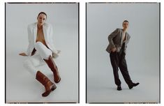 two men in white suits and brown boots are posing for the camera, one is leaning on his leg