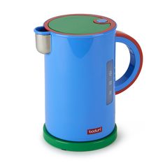 a blue coffee pot with a green lid and red trim around the bottom, on a white background