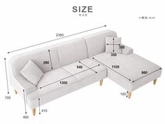 the sectional sofa is shown with measurements for each seat and back side, along with two pillows