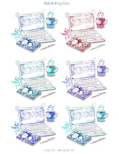 six laptops with coffee mugs and other items on the screen, all in watercolor