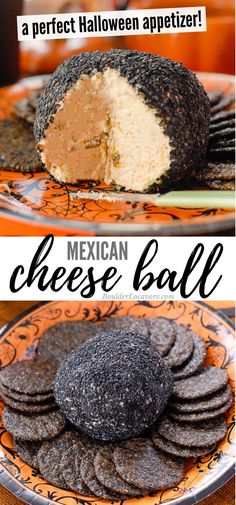 mexican cheese ball on a plate with text overlay