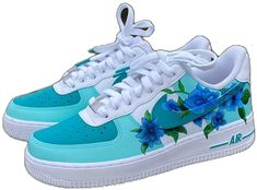 Blue Low-top Sneakers For Gift, Custom Blue Hand Painted Sneakers, Custom Hand Painted Blue Sneakers, Custom Air Force 1, Flowers Blue, Jd Sports, Shoe Style, Air Force 1, Air Force