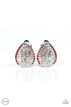 Trimmed in glassy red rhinestones, vine-like filigree climbs a dainty silver teardrop for a whimsical look. Earring attaches to a standard clip-on fitting. Sold as one pair of clip-on earrings. Fiery Red, Paparazzi Accessories, Red Earrings, Red Rhinestone, Paparazzi Jewelry, Inspired Jewelry, Silver Filigree, New Releases, Cute Earrings