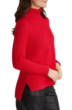 Get all cozy for the day in this chunky shaker-stitch turtleneck sweater knit with roomy raglan sleeves and a sporty high-low hem. 24" front length; 26 1/2" back length Turtleneck Long sleeves Side slits 100% cotton Machine wash, tumble dry Imported Cotton Turtleneck, Cowl Neck Sweater, Sweater Knit, Branded Bags, Cherry Red, High Low Hem, Red Sweaters, Top Trends, Raglan Sleeve