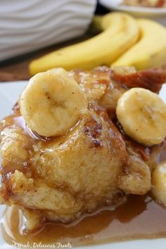 bananas and bread pudding on a plate with text overlay that reads, bayalas fosterer bread pudding