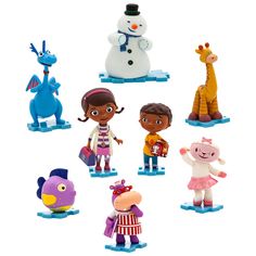 various toy figurines are shown on a white background