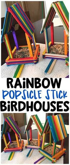 the rainbow popsicle stick birdhouse is made from strips of wood