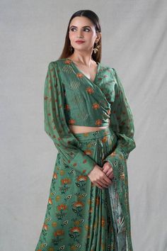 Green pre-drape saree featuring floral print all over. Paired with a bead and cut dana embroidered wrap blouse. - Aza Fashions Green Floral Blouse, Drape Saree, Green Saree, Wrap Blouse, Printed Sarees, Green Blouse, Modern Bride, Sarees Online, Aza Fashion