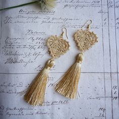 Crochet lace heart and tassels earrings / boho and vintage style jewelry, evening crocheted textiles accessories for women. Beautiful lace jewelry.  Earrings in victorian style. A set of two pieces.  Unique dangling earrings. Suitable for elegant celebrations made of many types of thread. Perfect for vintage or hippie style lovers. Unique valentines day gift idea for girlfriend, wife or friend. Elegant accessories for classic style outfit lovers. Wedding, Halloween, Christmas or other big occasi Unique Valentines Day Gifts, Classic Style Outfits, Lace Heart, Lace Jewelry, Vintage Style Jewellery, Elegant Accessories, Tassel Earrings, Hippie Style, Crochet Lace