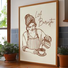 a drawing of a woman pouring coffee in front of a potted plant on a kitchen counter