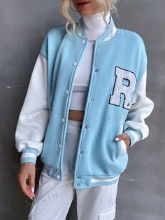 Spring Varsity Jacket With Long Sleeves, Spring Long Sleeve Varsity Jacket, White Varsity Jacket With Contrast Color, Varsity Style Long Sleeve Outerwear With Contrast Color, Trendy Blue Varsity Jacket With Letter Print, Blue Contrast Color Outerwear For Streetwear, Trendy Long Sleeve Varsity Jacket With Pockets, Oversized Long Sleeve Varsity Jacket For Spring, Oversized Long Sleeve Spring Varsity Jacket