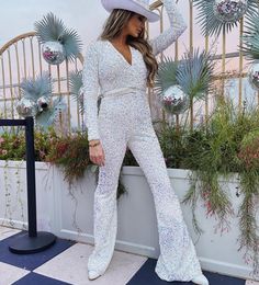 Chic V-neck Jumpsuits And Rompers For Party, Glamorous Sequined Jumpsuits And Rompers For Party Season, Sequin Jumpsuits And Rompers For Party Season, Long Sleeve Sequined Jumpsuits For Party Season, Long Sleeve Sequined Jumpsuits And Rompers For Party Season, Glamorous V-neck Jumpsuit For Party, Glamorous V-neck Jumpsuits And Rompers For Party, Glamorous Jumpsuits And Rompers For Date Night, Chic Evening Sequined Jumpsuits And Rompers