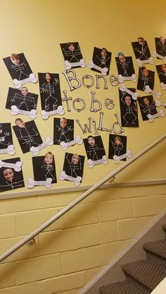 a staircase with pictures on it and the words bone to be wild written in black