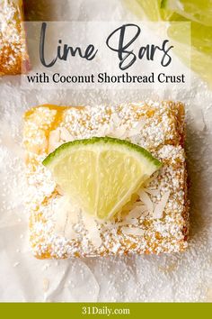 lime bars with coconut shortbread crust on a white surface and text overlay reads lime bars with coconut shortbread crust