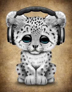 a little cheetah with headphones on its face is sitting in front of a green background