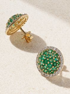 Find HOUSE OF MERAKI Rosa 18-karat Emerald And Diamond Earrings on Editorialist. House Of Meraki's Gargi Rathi's fascination for Zambian emeralds started when she was a child - she loves the stones uniqueness, vibrant color and how it holds so much meaning in so many cultures. Encrusted with 2. 20-carats of the rich gem, these 'Rosa' earrings are handcrafted from 18-karat gold and framed with sparkling diamonds. Luxury Green Diamond Earrings Fine Jewelry, Luxury Meenakari Emerald Jewelry, Luxury Hand-set Green Diamond Earrings, Ceremonial Ruby Meenakari Earrings, Luxury Pink Multi-stone Earrings, Modern Gold Jewelry, Zambian Emerald, Diamond Hoop Earrings, Enamel Earrings