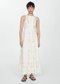 Embroidered cotton dress - Women | Mango USA Spring Cotton Sleeveless Dress With Embroidery, Spring Sleeveless Embroidered Cotton Dress, Sleeveless Cotton Embroidered Dress, Chic Sleeveless Maxi Dress With Floral Embroidery, Cotton Embroidered Midi Dress For Garden Party, Chic Embroidered Sleeveless Midi Dress, Sleeveless Cotton Embroidered Dress For Garden Party, Sleeveless Embroidered Dresses For Daywear, Cotton Embroidered Dress For Garden Party