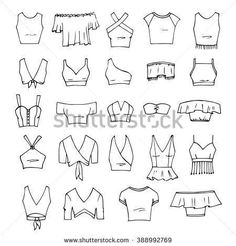 hand drawn clothes and bras for women, isolated on white background with clipping