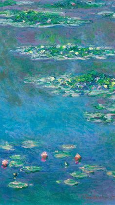 an oil painting of water lillies and lily pads on a blue, green background