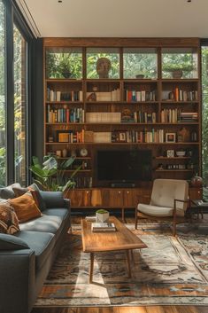 a living room filled with furniture and bookshelves next to a large window covered in lots of windows