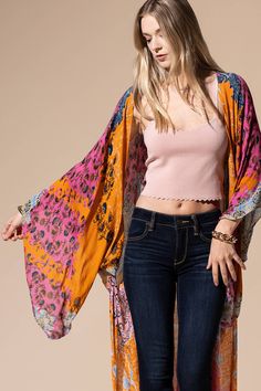 Elevated and intricate demask print kimono with side slits *100% Viscose APPROX. L 49" W 48.5" Flowy Multicolor Printed Kimono, V-neck Printed Kimono, Luxury Bohemian V-neck Kimono, Chic Printed V-neck Kimono, Multicolor Floral Print V-neck Kimono, Instagram Help, Print Kimonos, Kimono Jacket, Overall Dress