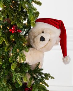 a white teddy bear wearing a santa hat on top of a christmas tree with lights